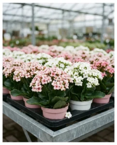 Pink and white flowering kalanchoe cultivars on garden center display