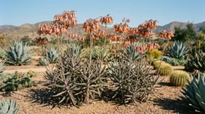 Flowering Kalanchoe delagoensis with tubular blossoms in xeriscape garden bed