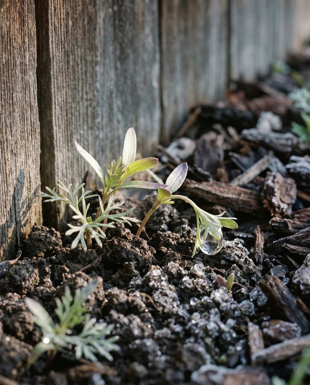 Young larkspur seedlings emerging from damp frosty soil in early spring
