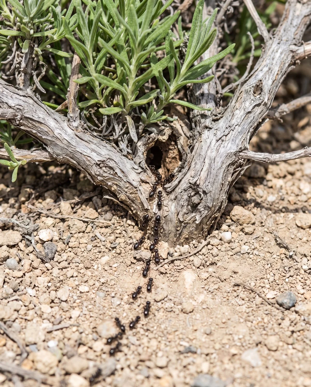Ants running through dry gravel mulch at the woody base of a lavender whose stems are sound