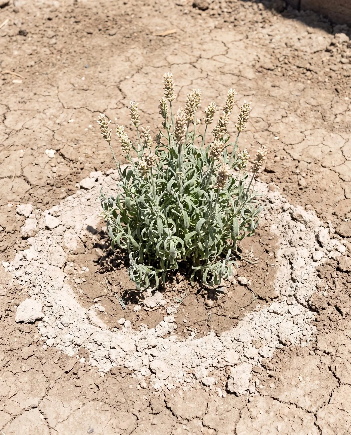 A freshly planted lavender in dry cracked soil with curled leaves and flowers that have lost their purple color