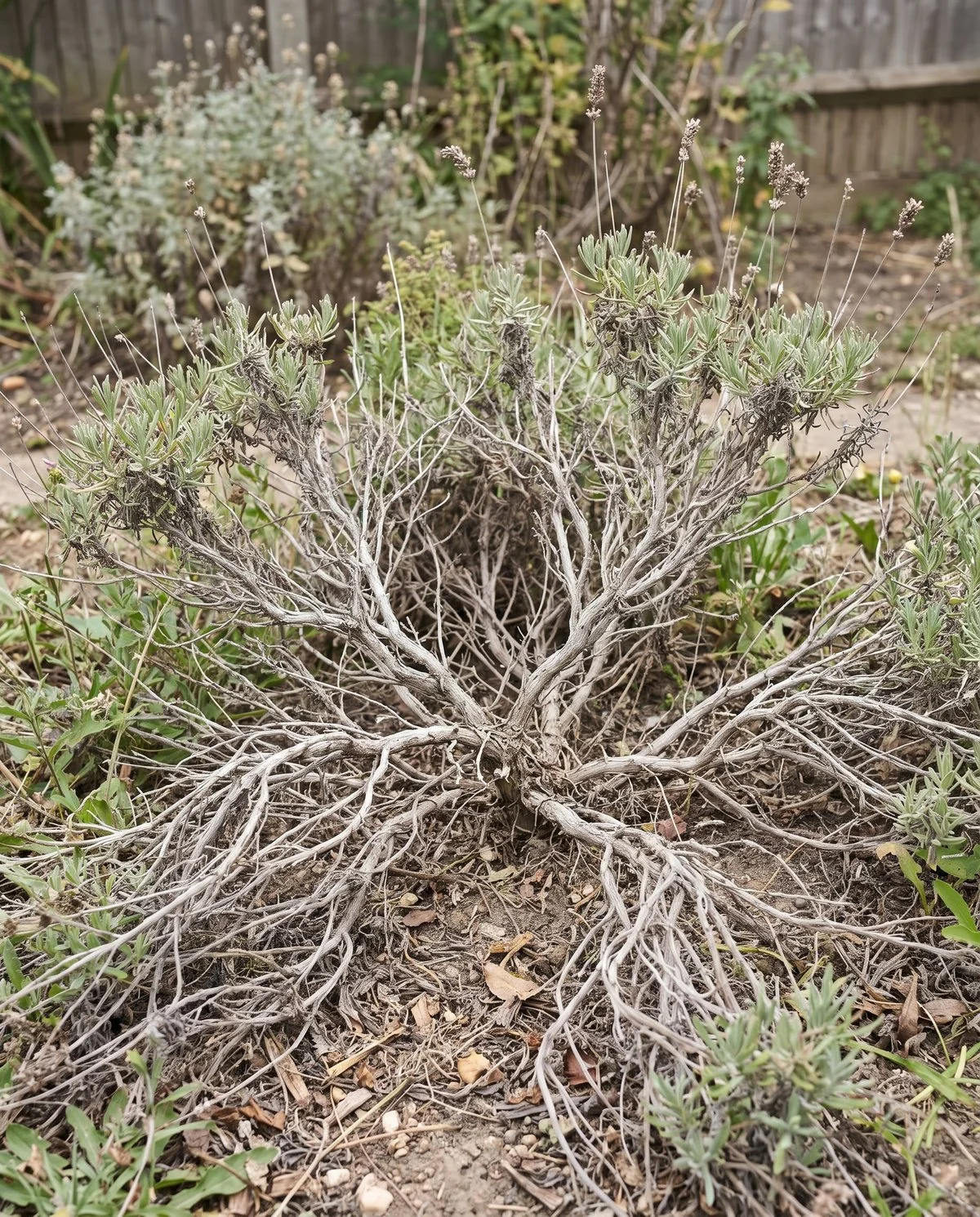 An old English lavender splayed open into bare gray woody stems with green tufts only at the tips