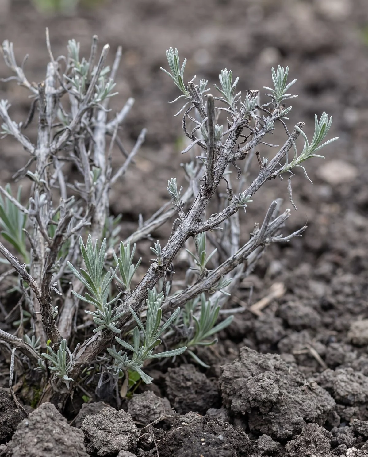 The same kind of woody lavender stems with fresh gray-green shoots breaking low down along the wood