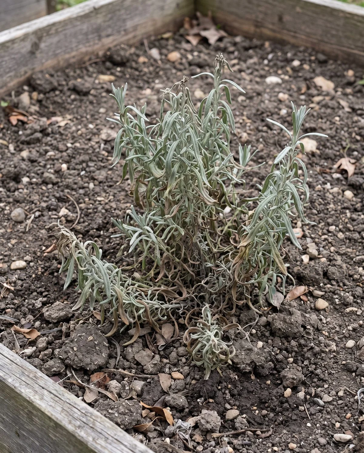 A lavender plant wilting and browning from the bottom upward, the picture that looks the same whether it is too wet or too dry