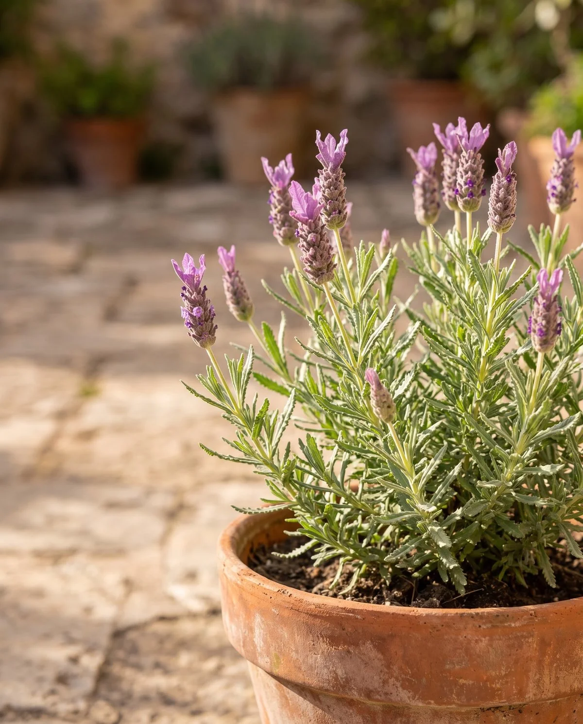 French lavender in a terracotta pot, its leaves clearly toothed along both edges below soft mauve heads