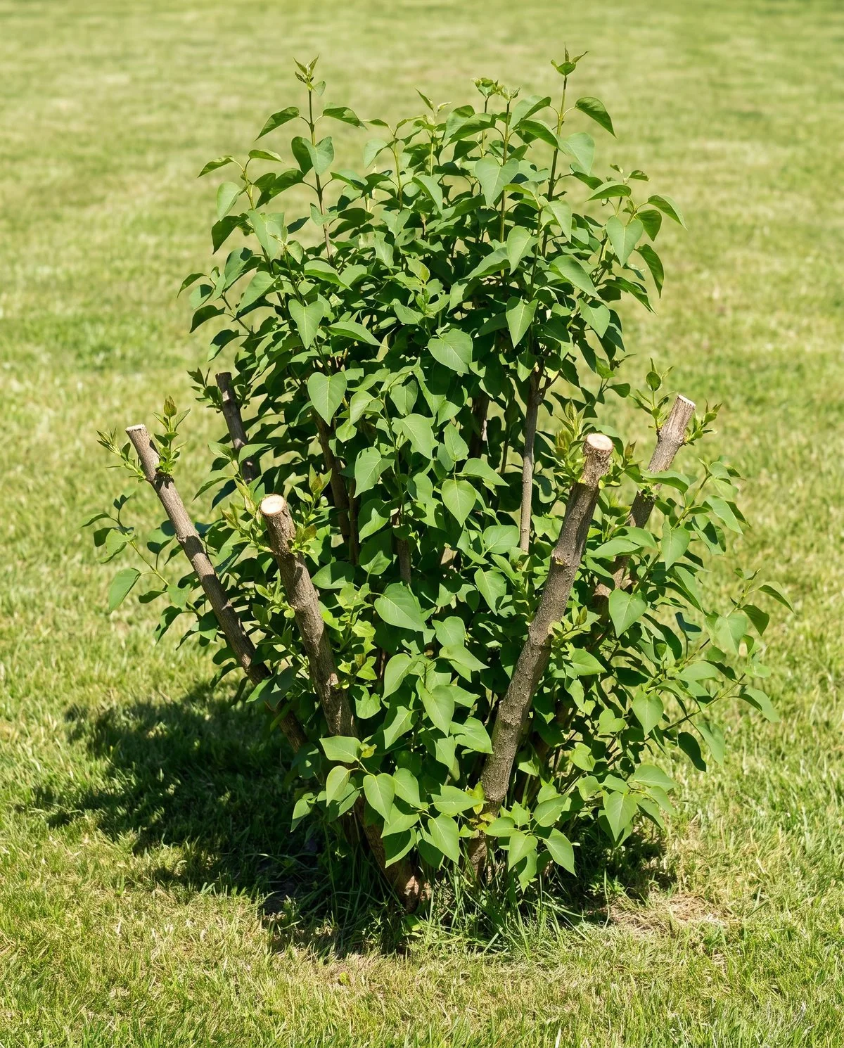 A lilac in open full sun with dense healthy leaves, visible old pruning cuts and no flowers at all