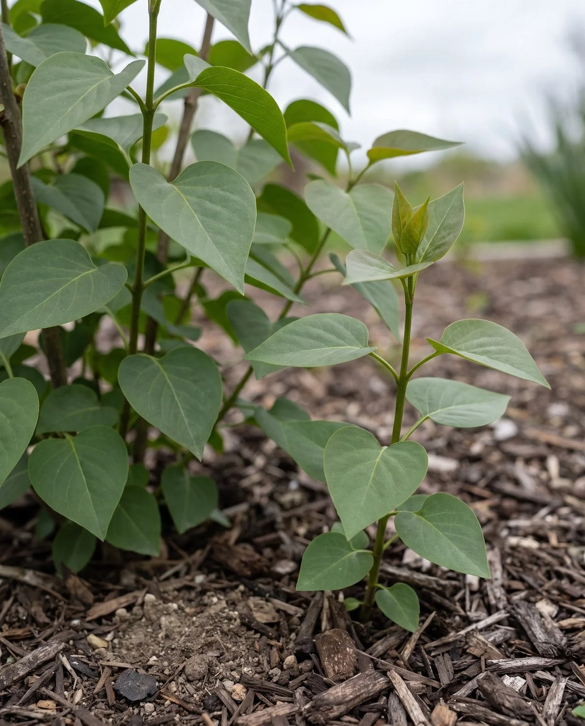 A new shoot rising from a lilac crown carrying leaves identical in shape and colour to the rest of the shrub