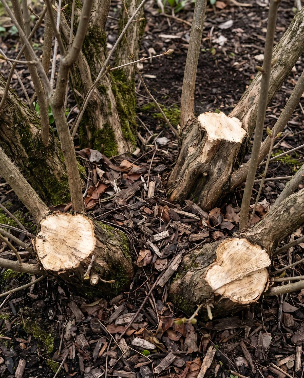 The base of an old lilac clump showing three thick stems cut off at ground level among the remaining younger stems