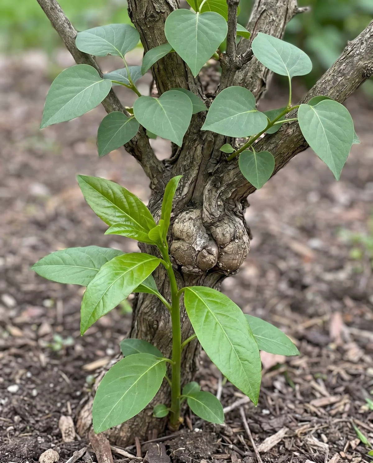 A vigorous shoot from the base of a lilac trunk carrying larger glossier leaves of a different shape from the shrub above