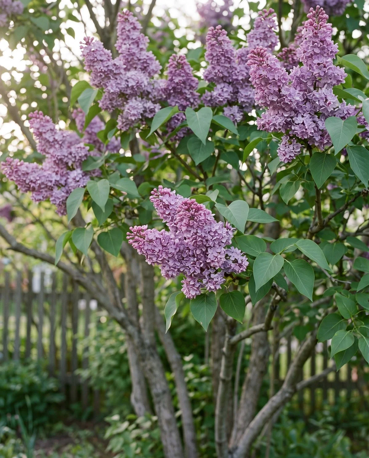 A tall multi-stemmed common lilac in full May bloom carrying large dense panicles of double lilac-purple flowers