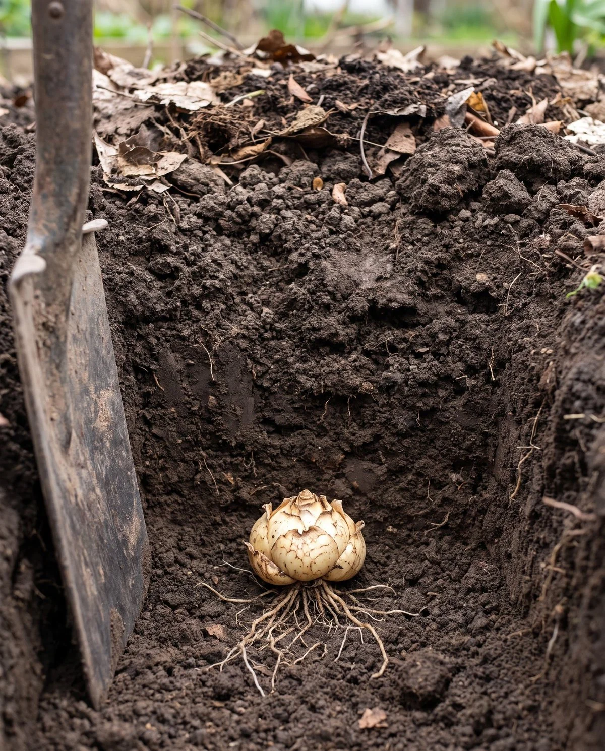 Side view of an open planting hole with a scaly lily bulb sitting deep at the bottom, roots down