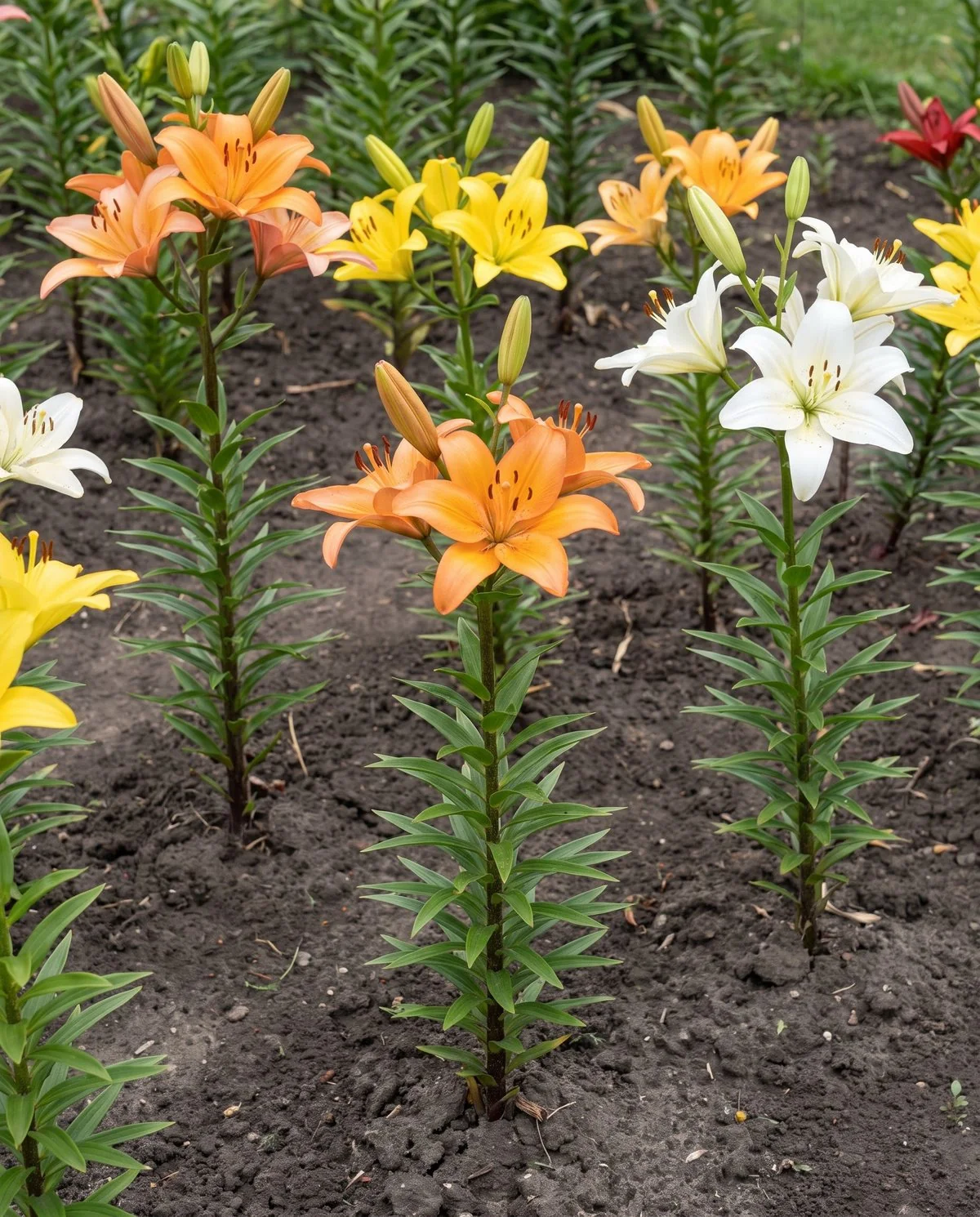 A divided lily planting of a few thick well-spaced stems carrying full-size flowers