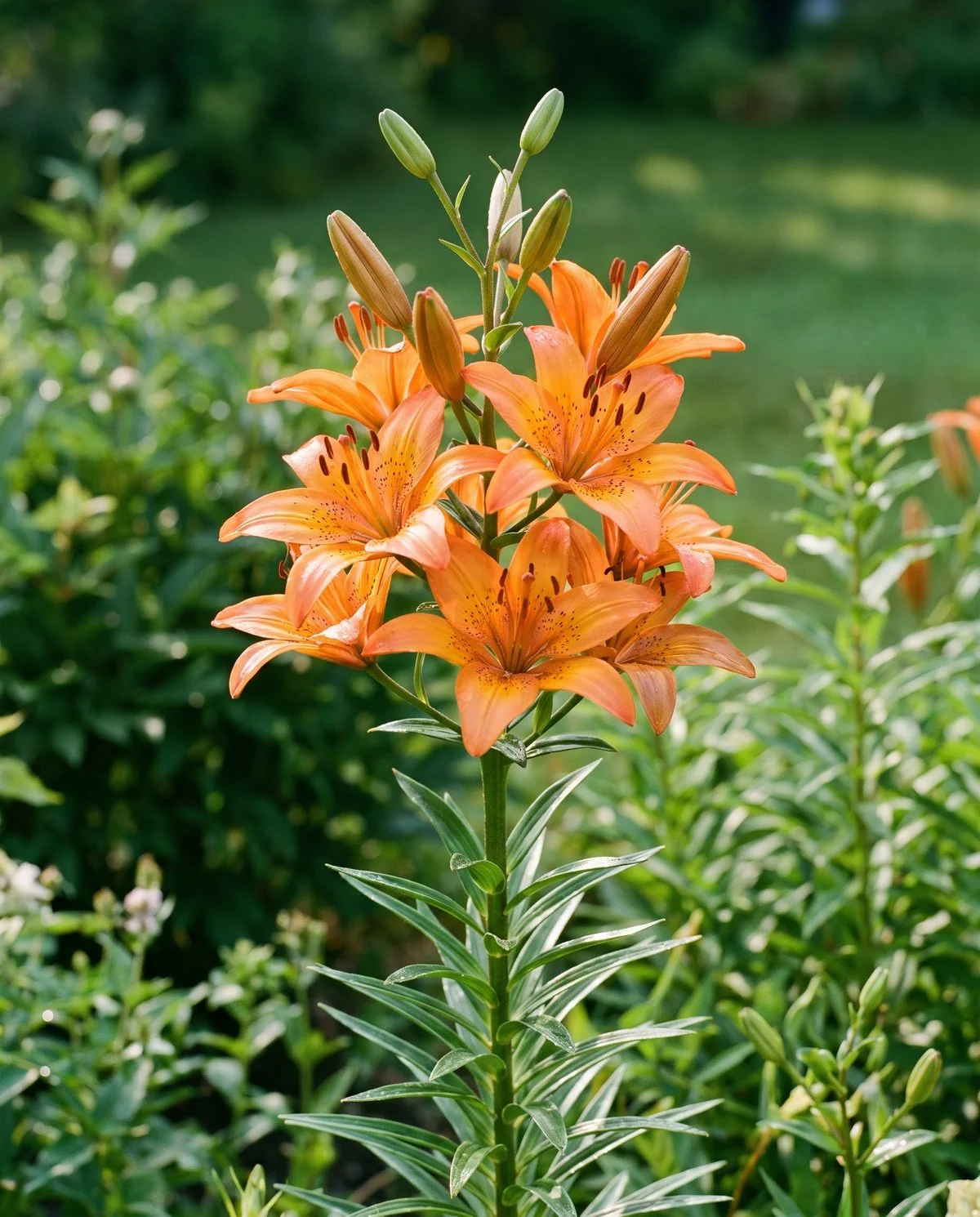 Upward-facing Asiatic lilies in orange and yellow, several flowers open together on one leafy stem