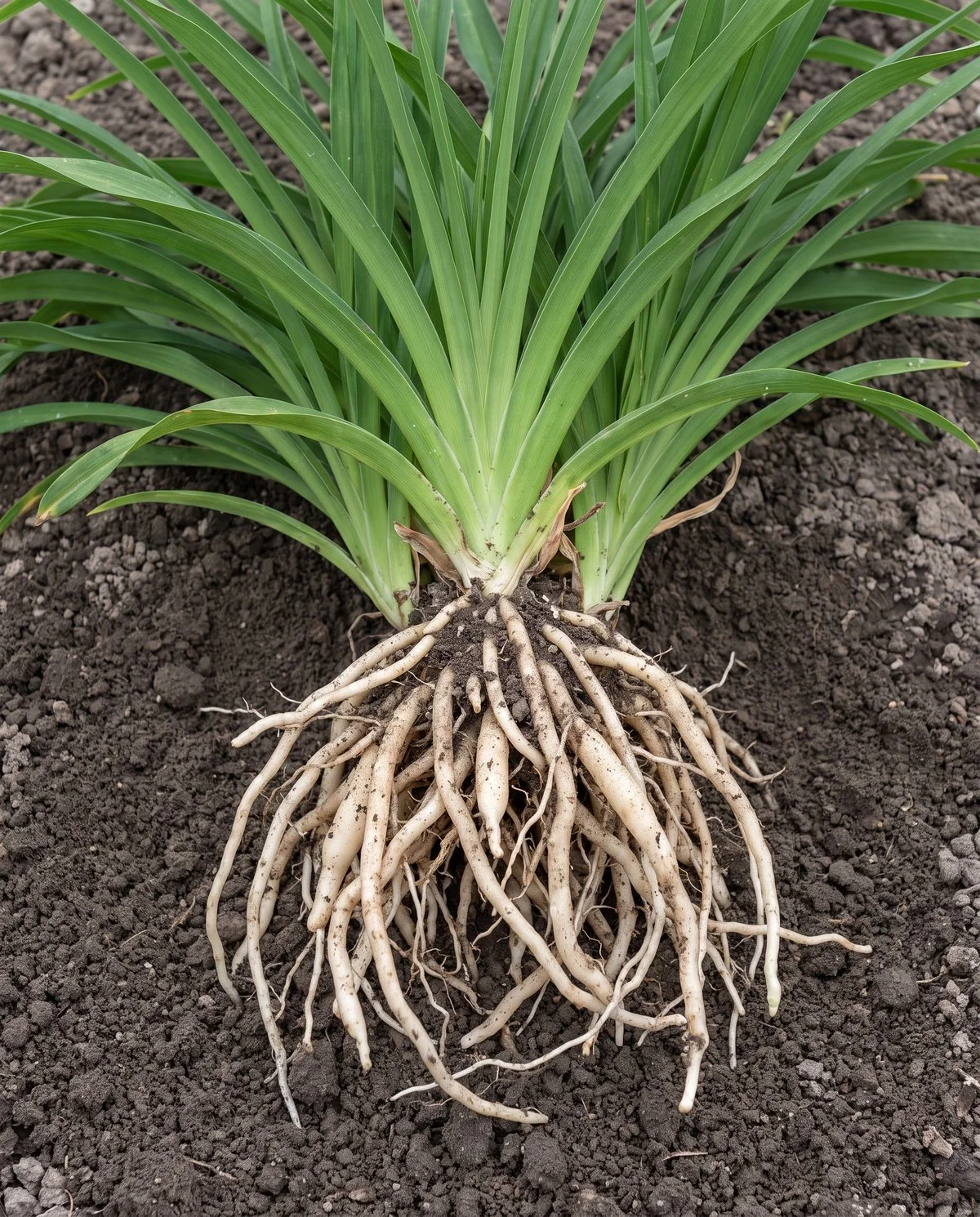 A lifted daylily showing swollen fleshy roots under a fan of strap-shaped grassy leaves