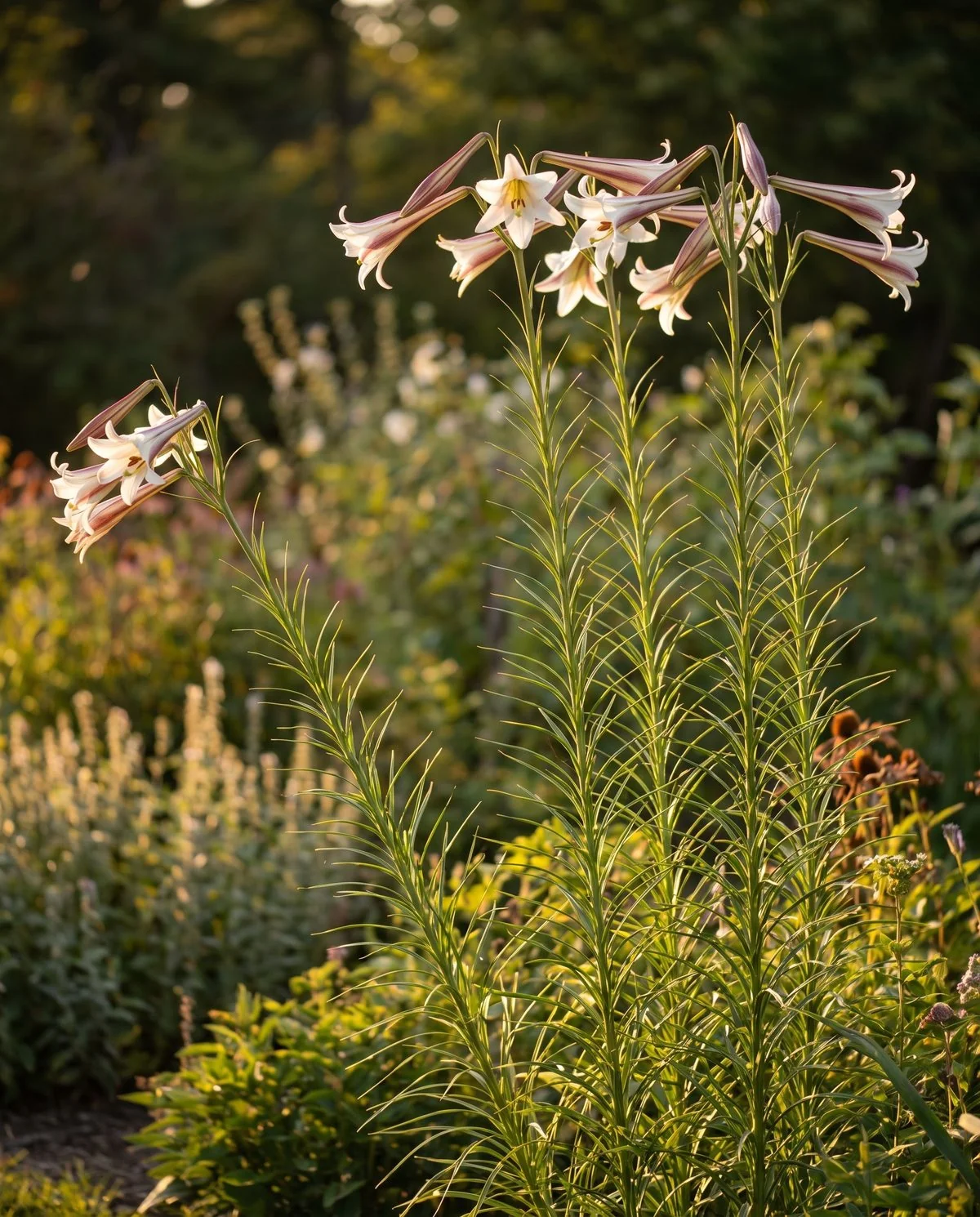 Very tall slender Formosa lily stems topped with long white trumpets flushed purple outside