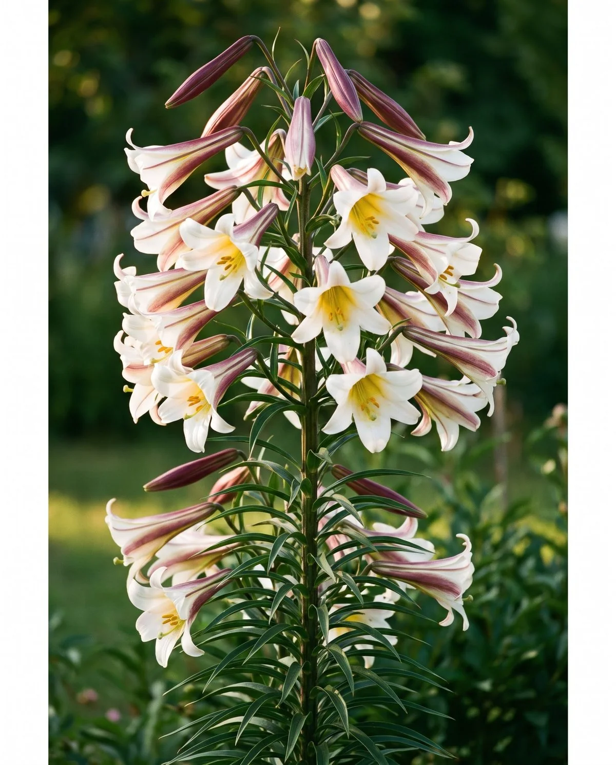 A regal lily stem carrying many white trumpet flowers with yellow throats and wine-purple backs