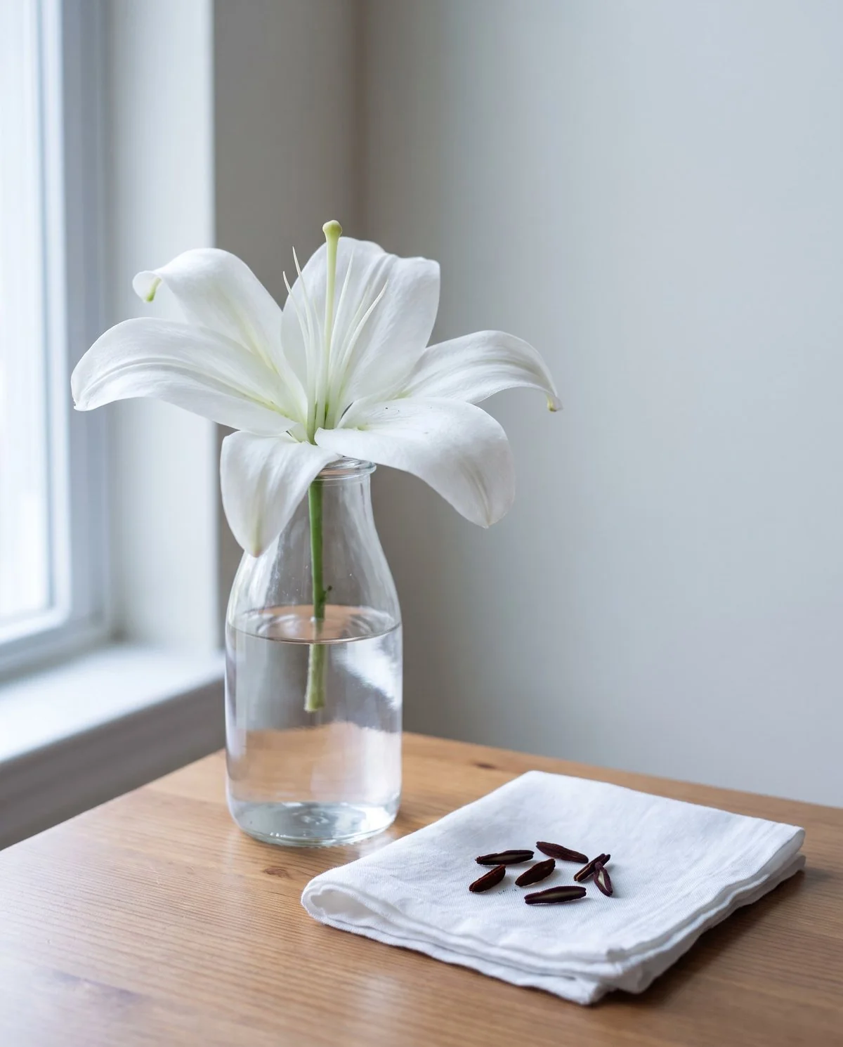 An opening lily flower with its anthers already removed, the six stalks bare and the anthers lying on a folded tissue beside the vase
