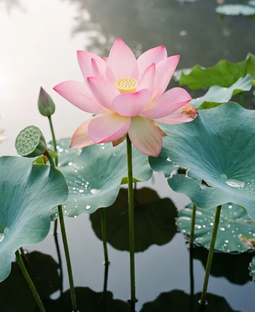 A large pink lotus flower open above round parasol leaves on a still garden pond in morning light