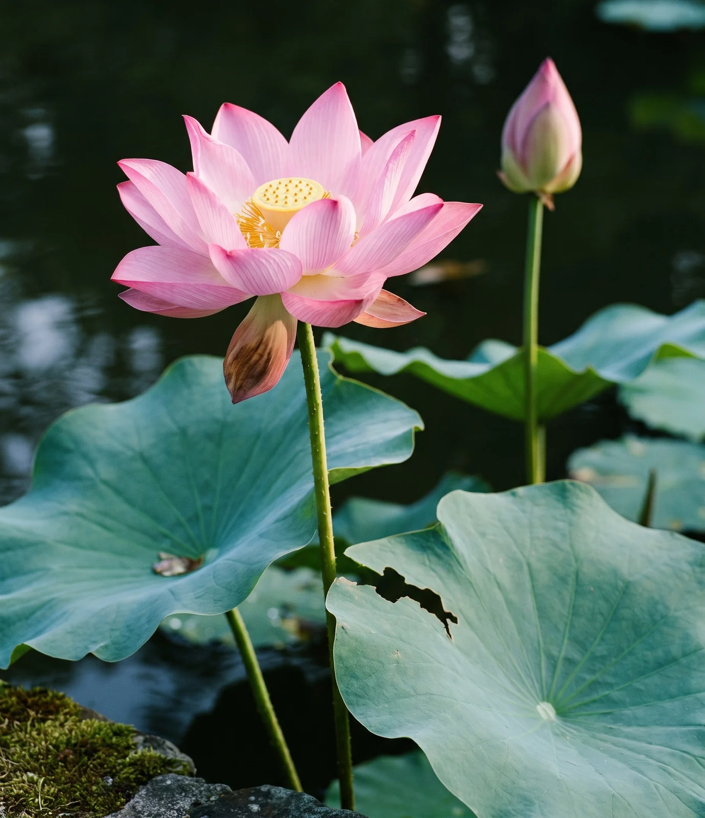 Two lotus flowers on one pond, one open wide in morning light and one closed into a bud shape