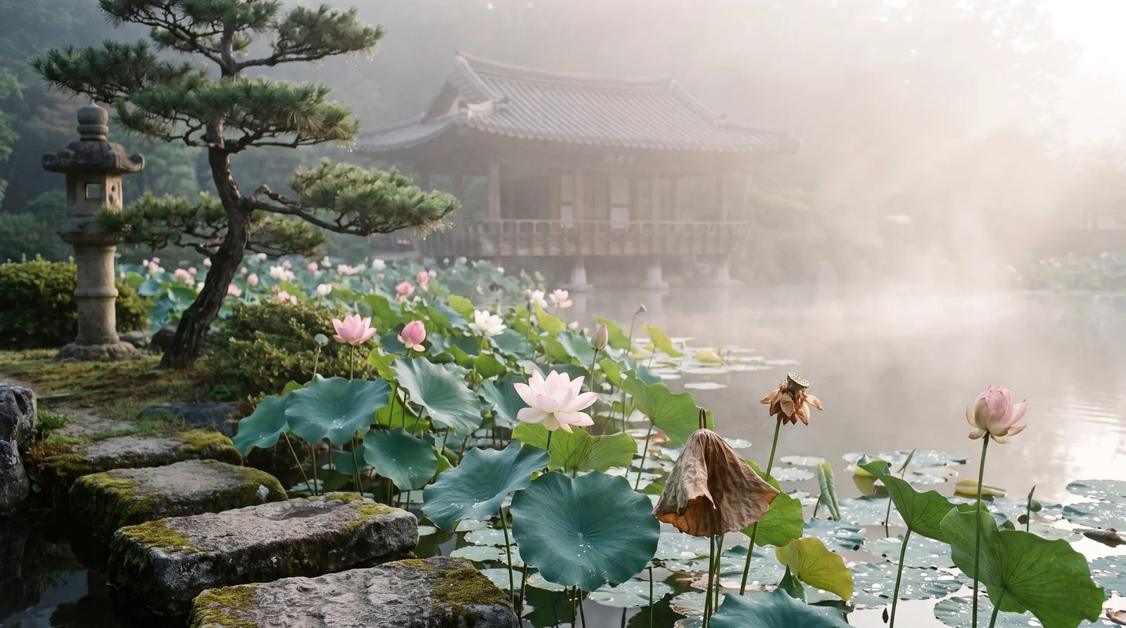 Wide view of a still temple garden pond with lotus flowers and leaves and a wooden pavilion at dawn