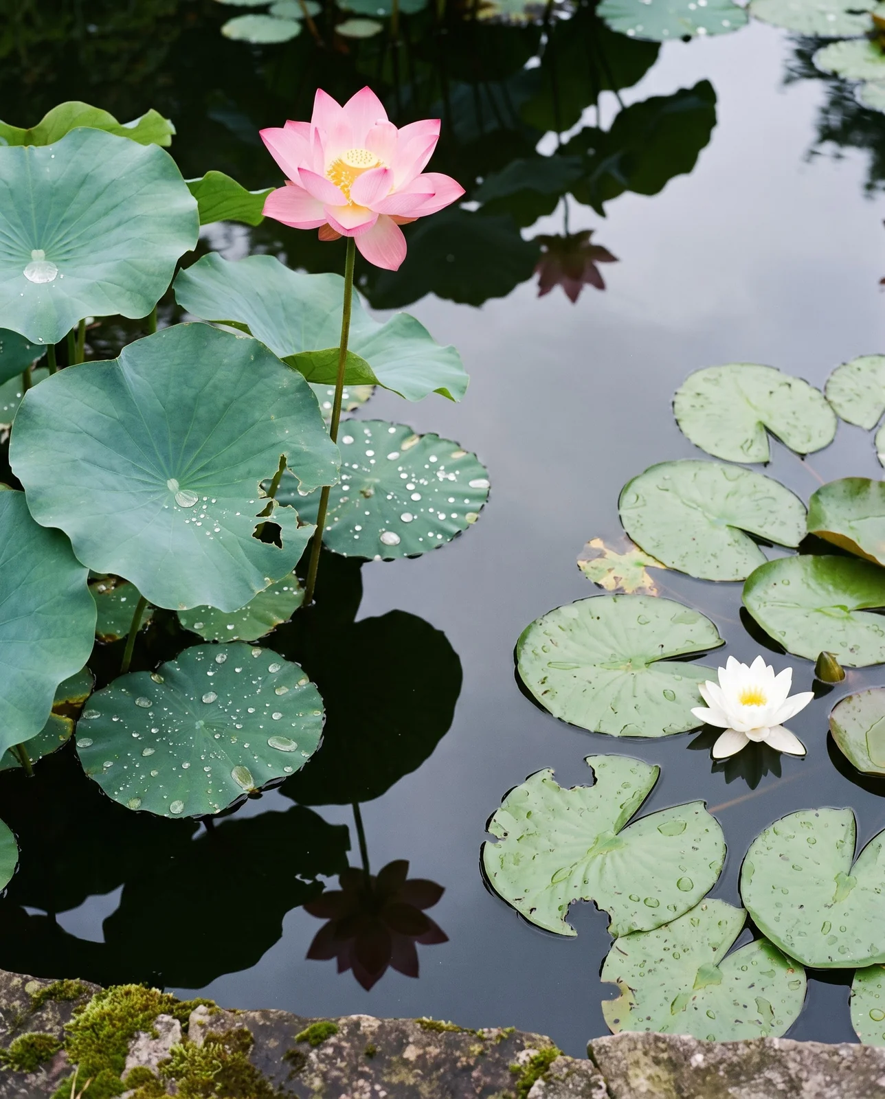 A lotus standing above the water beside a water lily floating flat on the same pond for comparison