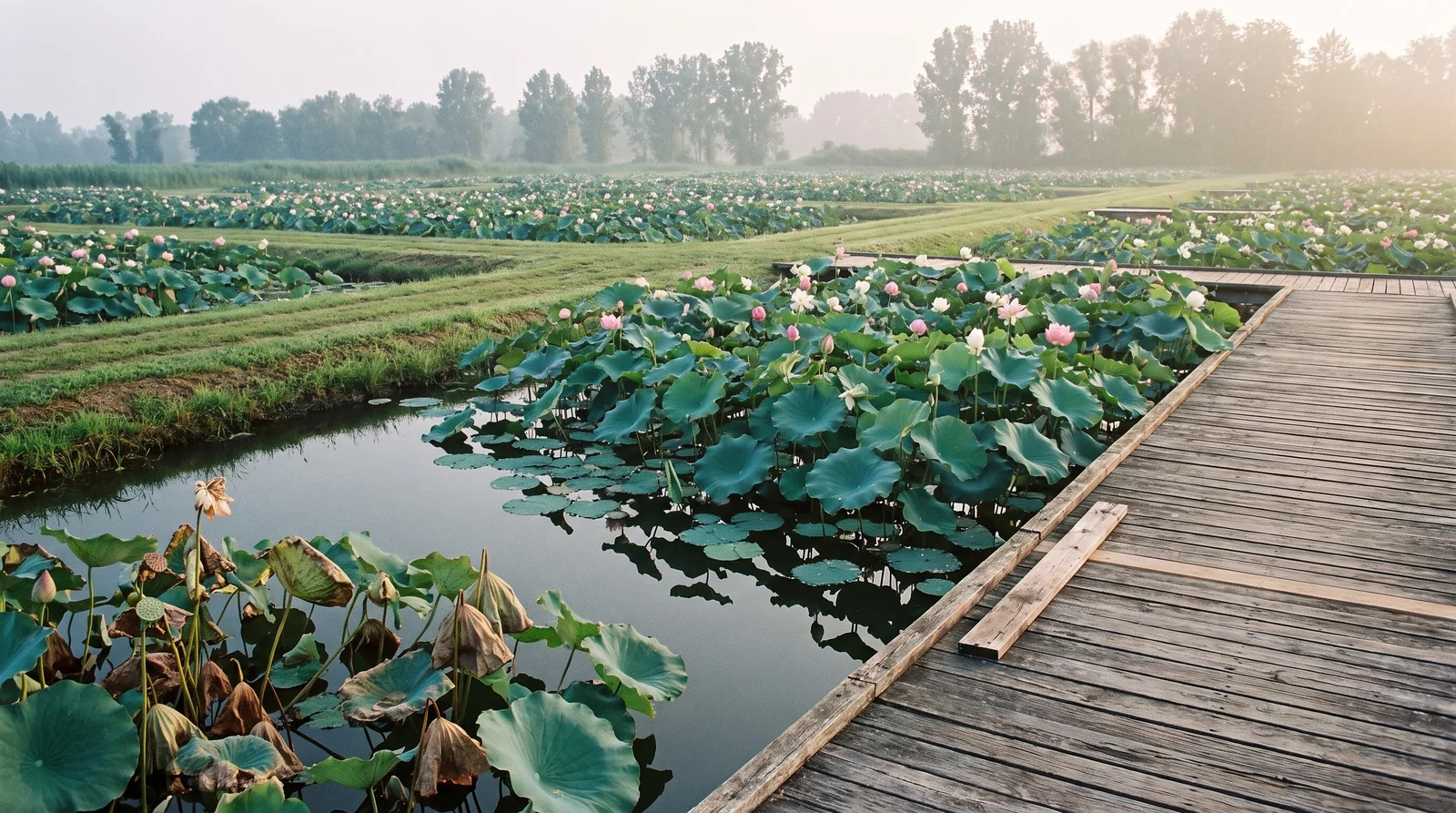 Wide view of lotus ponds in full bloom at a public aquatic garden with boardwalks and trees