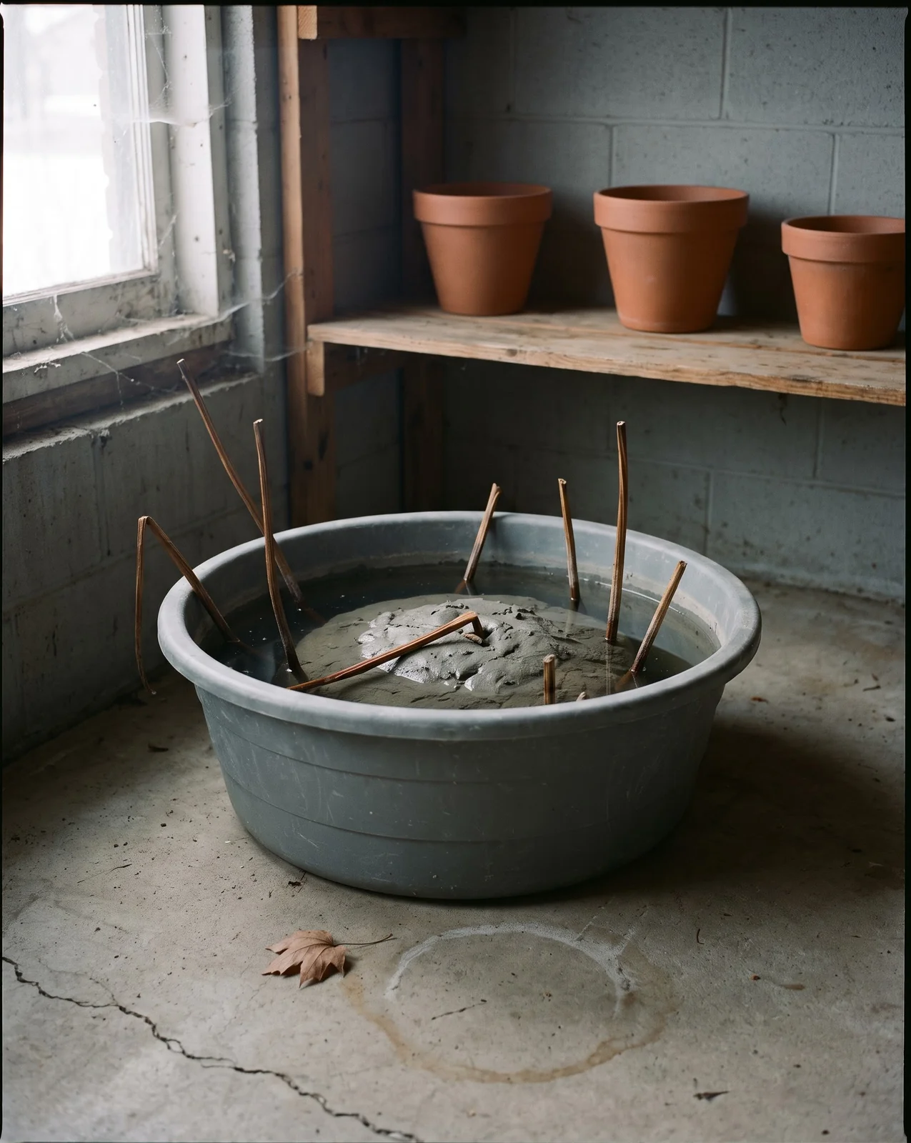A lotus tub stored in a cool garage for winter with dead stems cut and a little water left over the clay