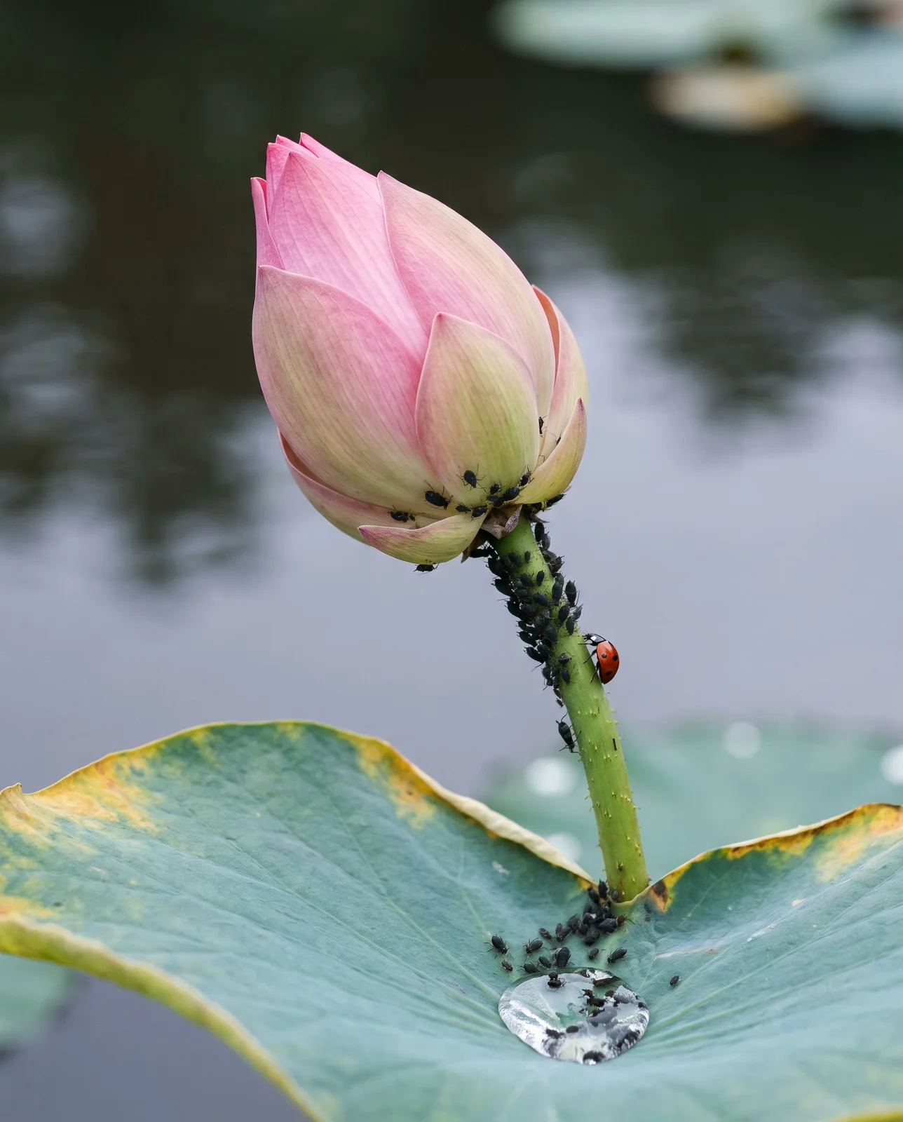 Small dark aphids clustered on a lotus leaf stem and bud above the water with a ladybug below