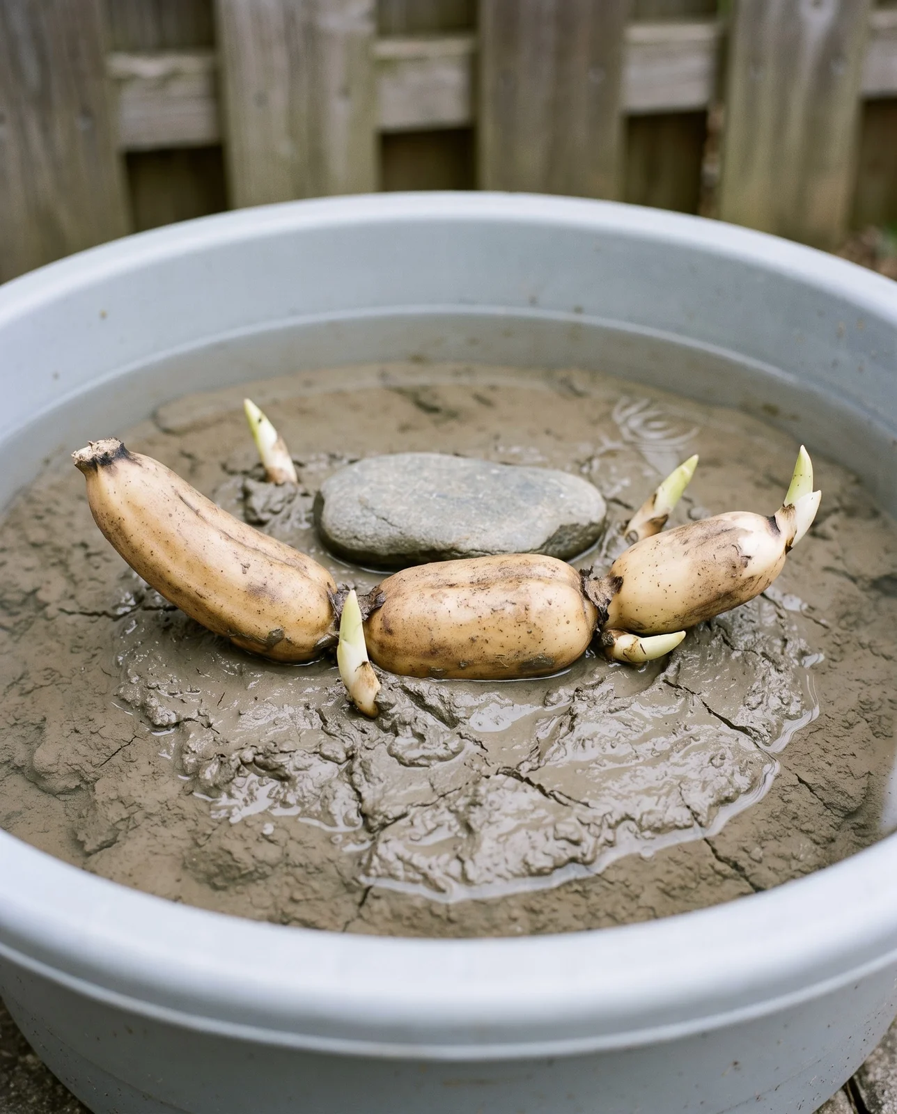 A lotus tuber laid on heavy clay soil in a wide hole-free tub with the growing tips exposed above the mud
