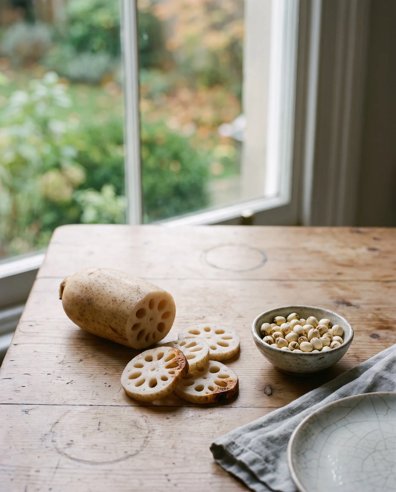 Sliced lotus root showing its lace of holes beside dried lotus seeds on a wooden kitchen table