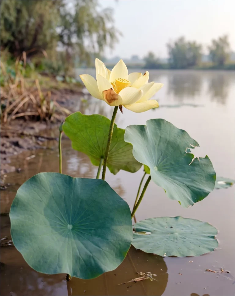 American lotus with a pale yellow flower and round leaves standing above a muddy backwater