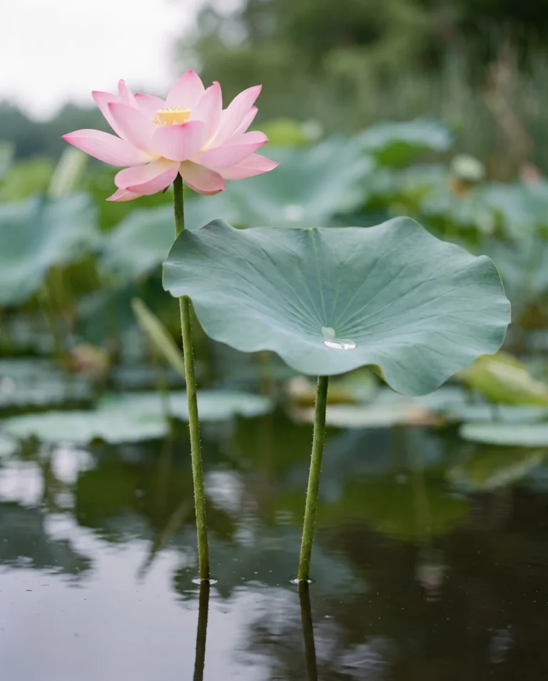 A lotus with round leaves and a pink flower both standing well above the water on stiff stems