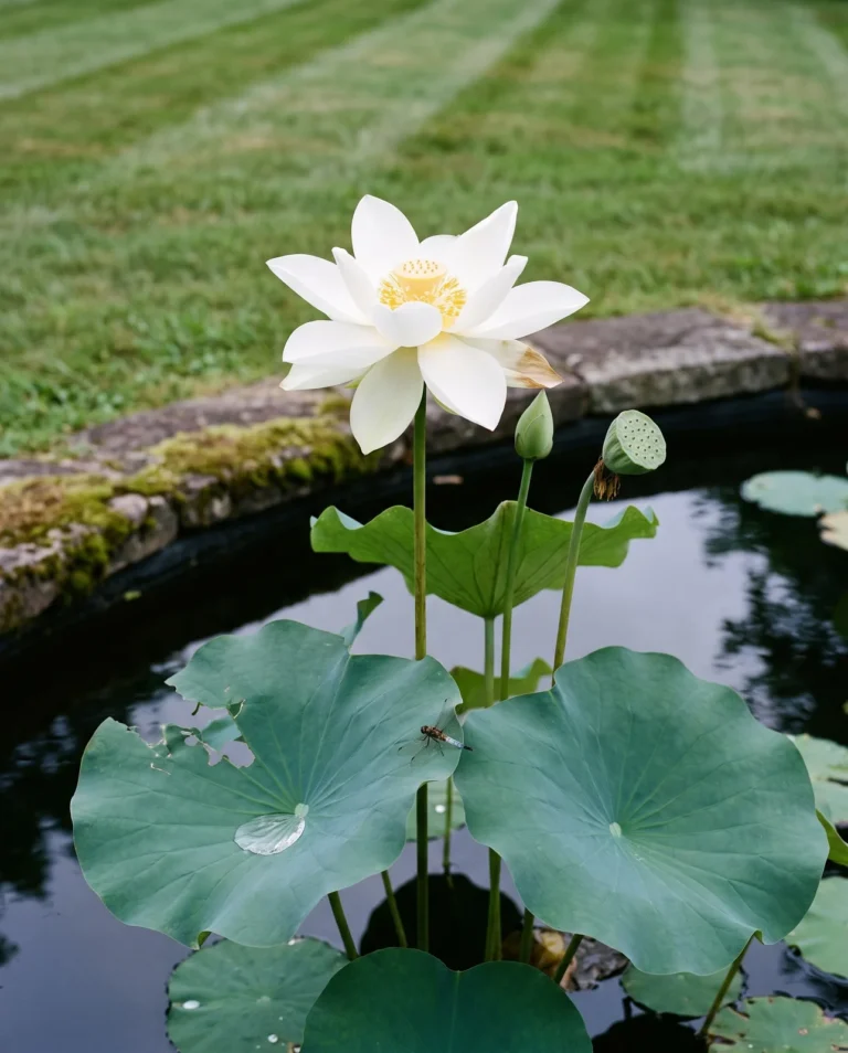 Alba Grandiflora lotus with a large pure white flower held high above big round leaves in a pond
