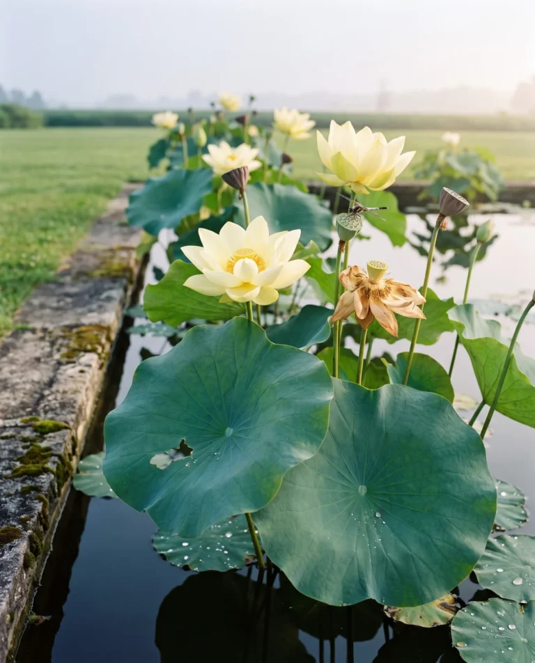 American lotus with large pale yellow flowers and big round leaves in a pond planting