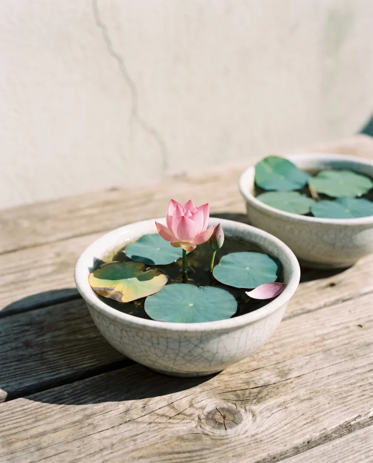 A micro bowl lotus with a tiny pink flower and small leaves in a ceramic bowl on a windowsill table