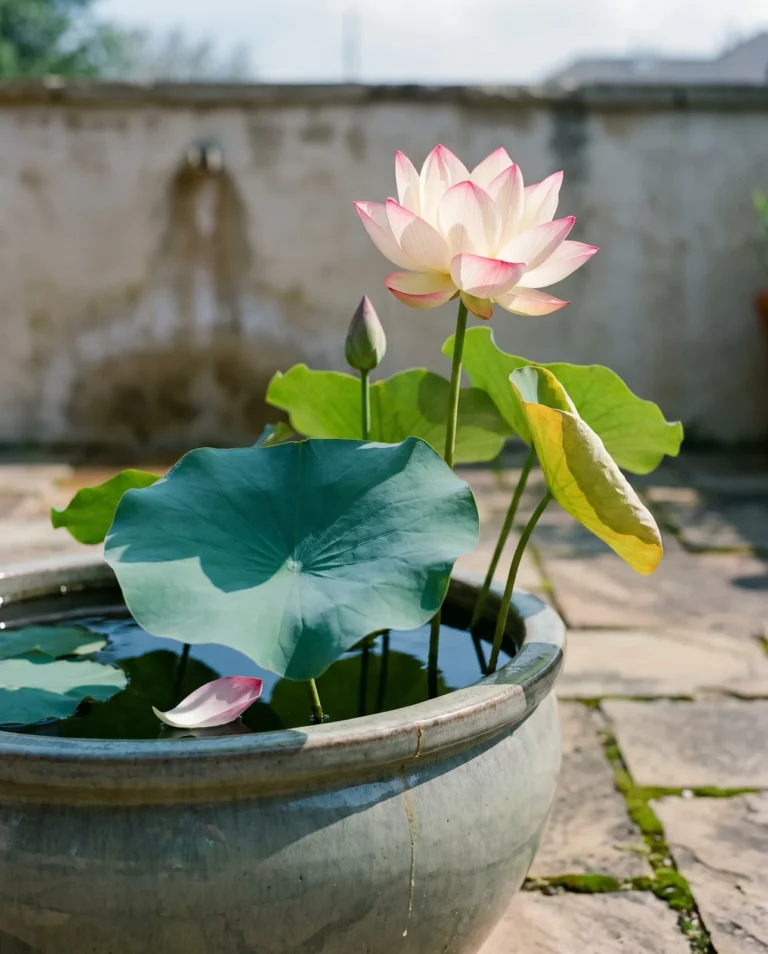 Chawan Basu lotus with a creamy white flower edged in pink above leaves in a glazed tub