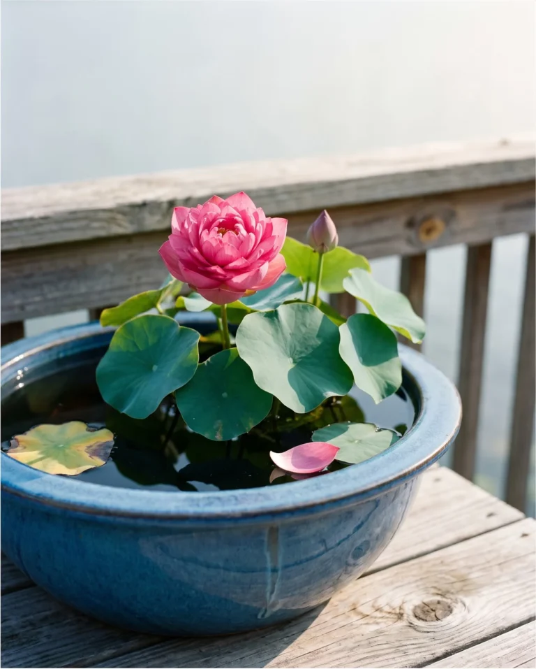 Momo Botan dwarf lotus with a small double rose-pink flower above compact leaves in a glazed bowl