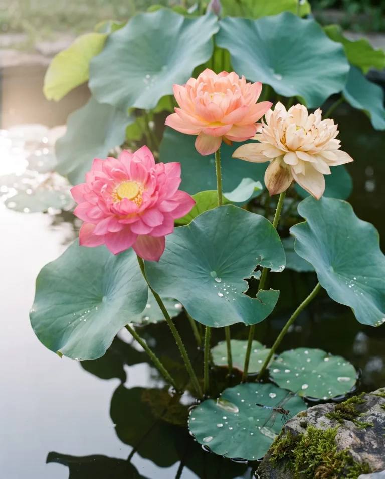 Mrs. Perry D. Slocum lotus with flowers in rose, peach and cream on the same plant above a pond