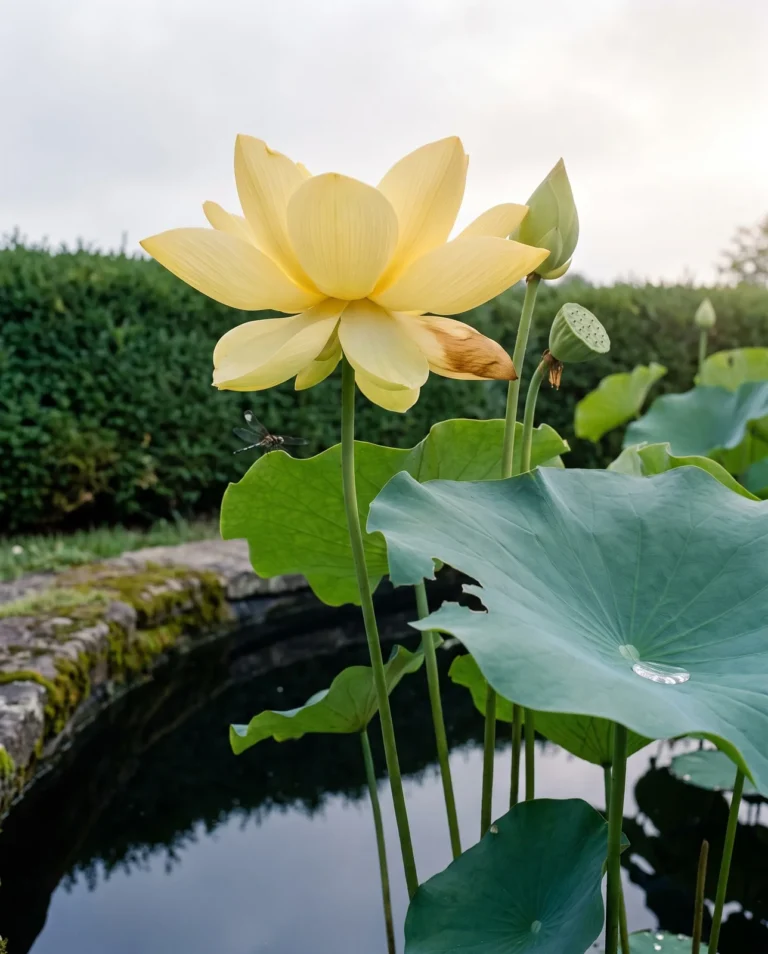 Perry's Giant Sunburst lotus with a large soft yellow flower above tall leaves in a pond