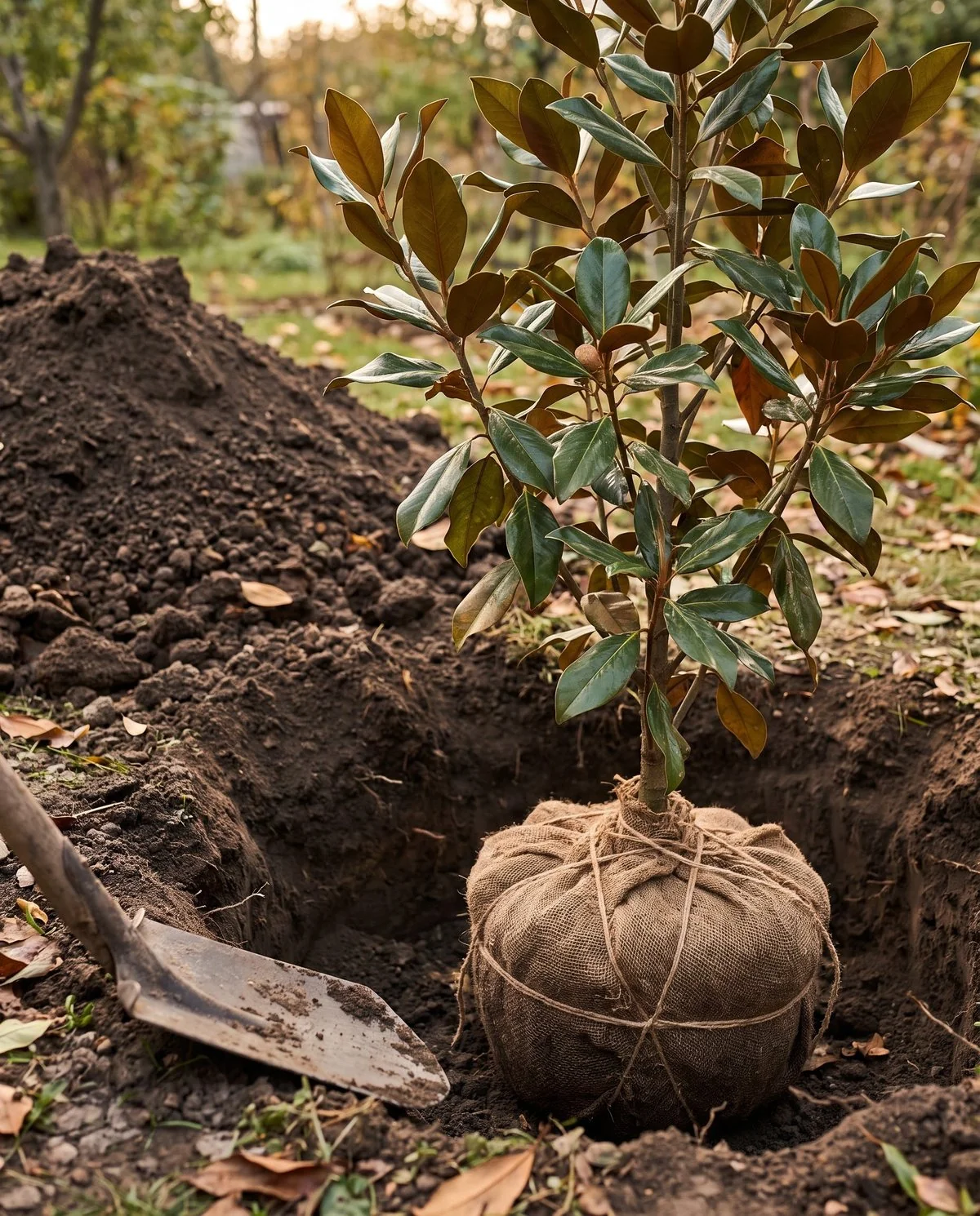 A young magnolia with its root ball wrapped in burlap and twine standing beside an open planting hole in autumn