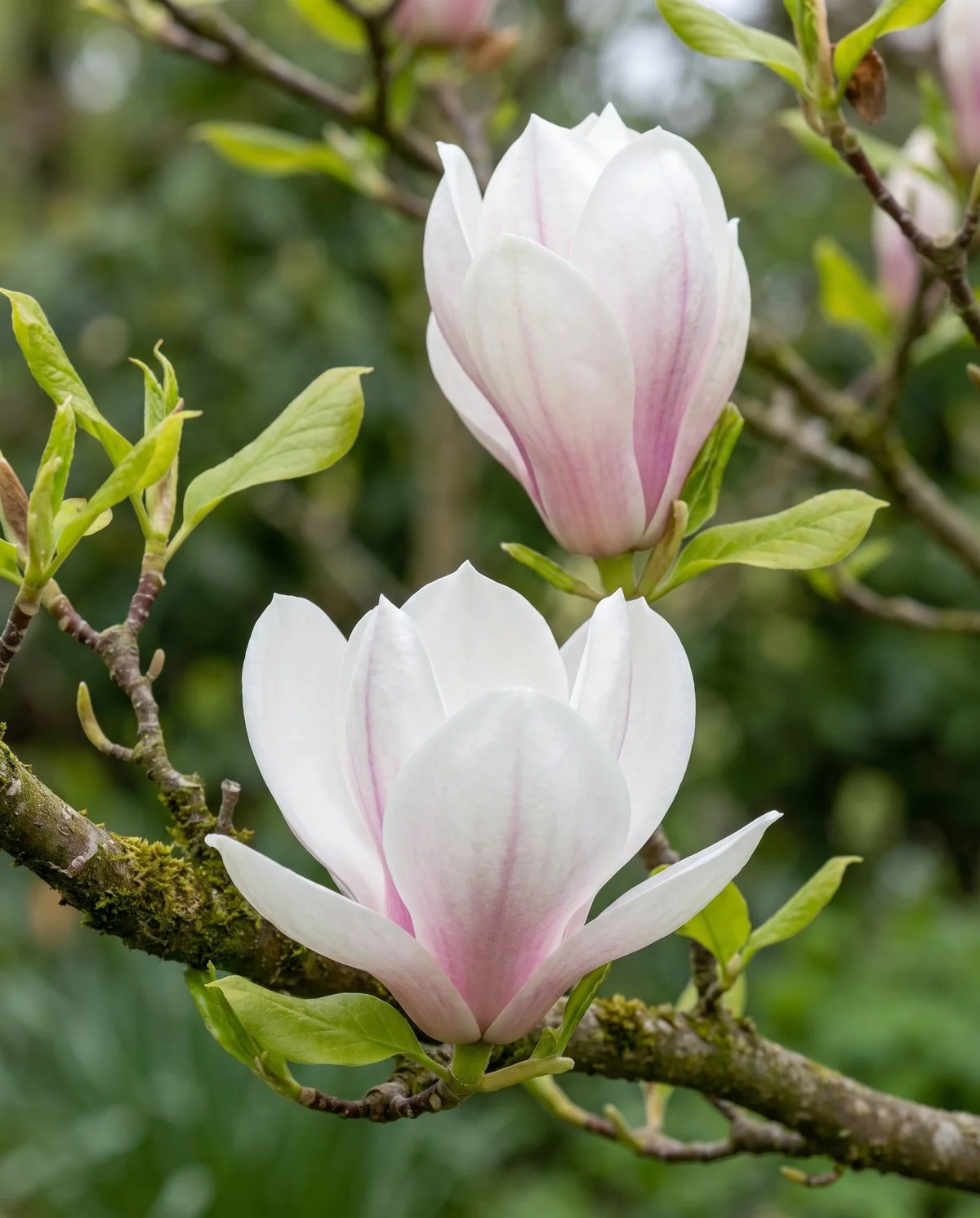 Healthy magnolia flowers fully open with firm unmarked tepals and clean green foliage nearby