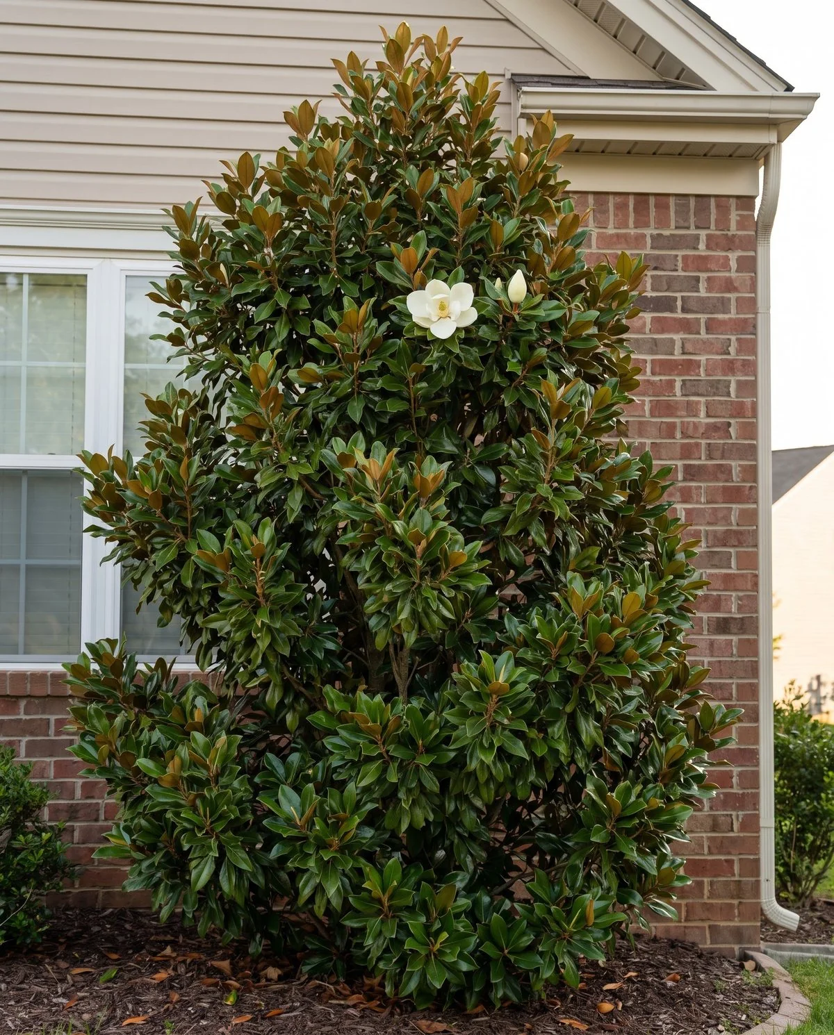 A compact multi-stemmed dwarf southern magnolia growing against a house wall, smaller glossy leaves and a single open flower