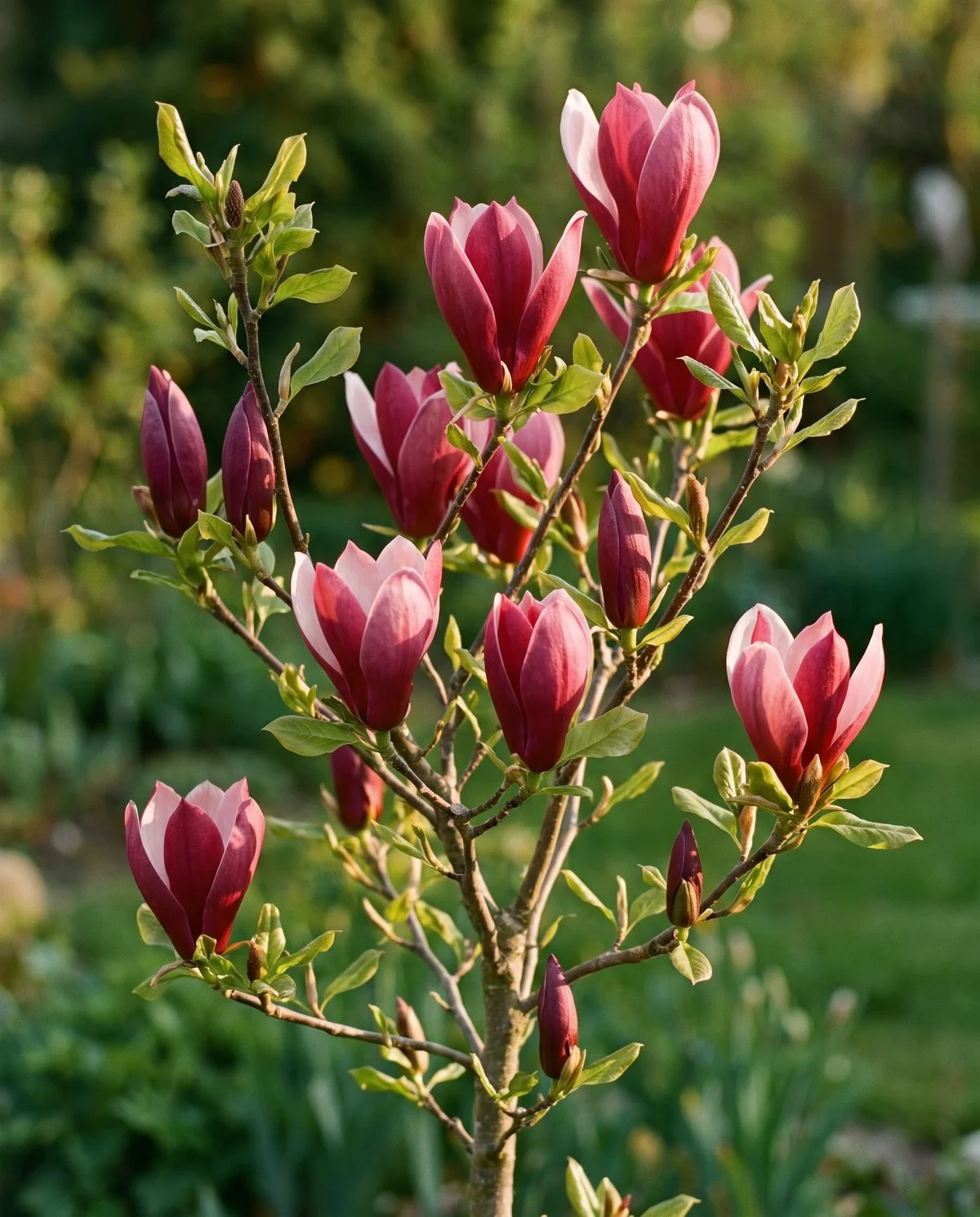 A small late-flowering hybrid magnolia carrying reddish purple goblet blooms while its leaves are already unfolding