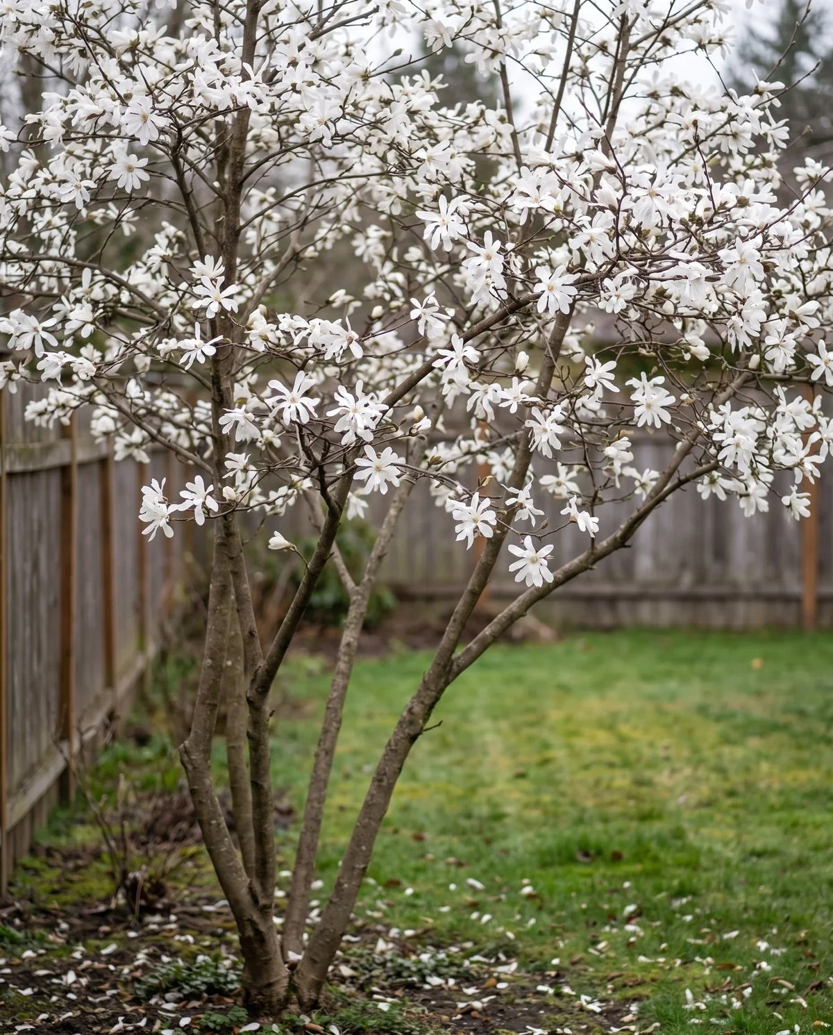 A star magnolia in full bloom on bare branches, many narrow white tepals opening across a small multi-stemmed tree
