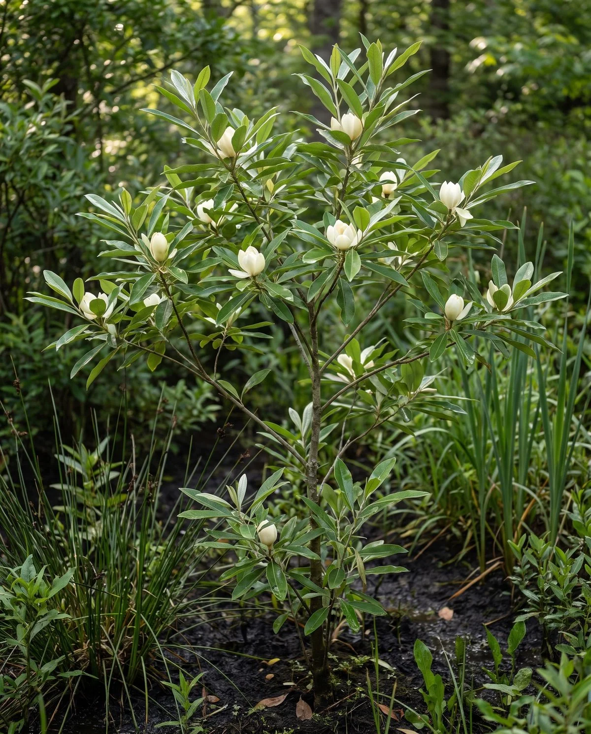 A sweetbay magnolia in flower on damp ground, creamy cup blooms among leaves that flash silver on the underside