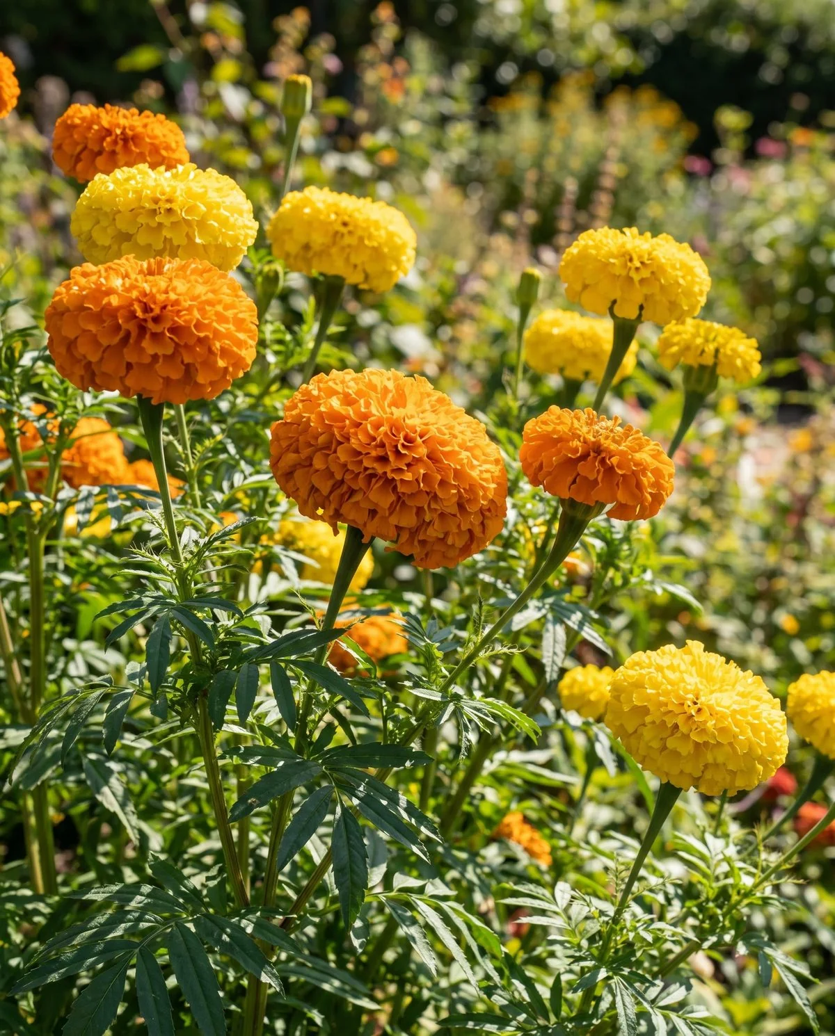 Tall African marigolds with large round pompon heads in solid orange and gold standing on sturdy upright stems