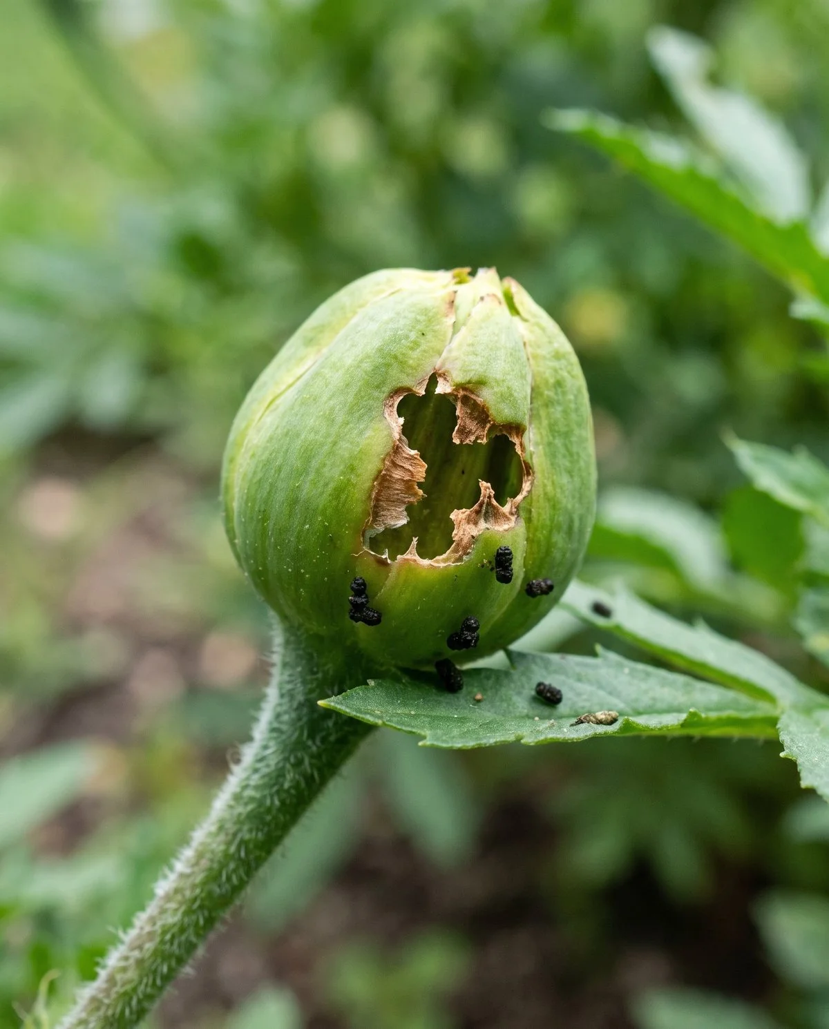 A marigold flower bud with a ragged chewed hole in its side and small black specks of caterpillar droppings on the outside