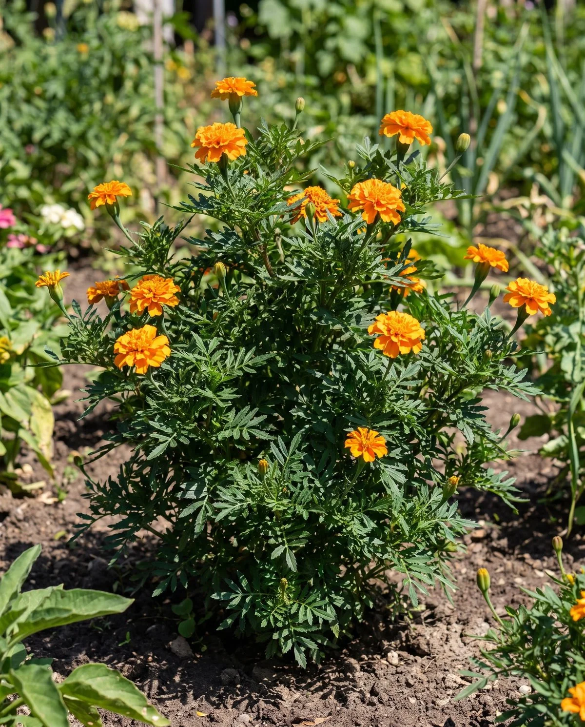 A dense well-branched marigold grown in full sun, short gaps between leaf pairs and side shoots from low down