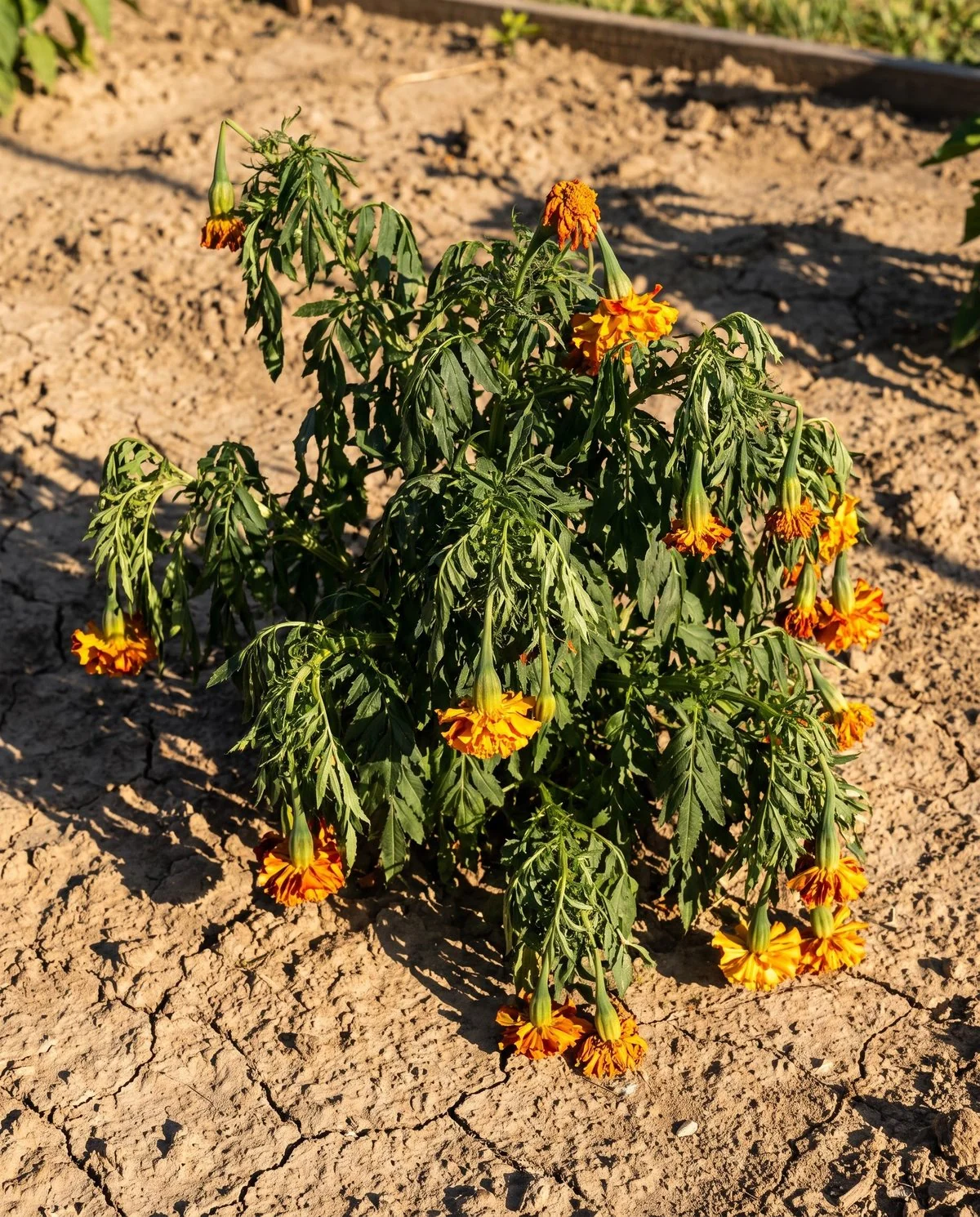 A marigold gone limp in the heat of the day with dry cracked soil beneath it, the leaves still green and unblemished
