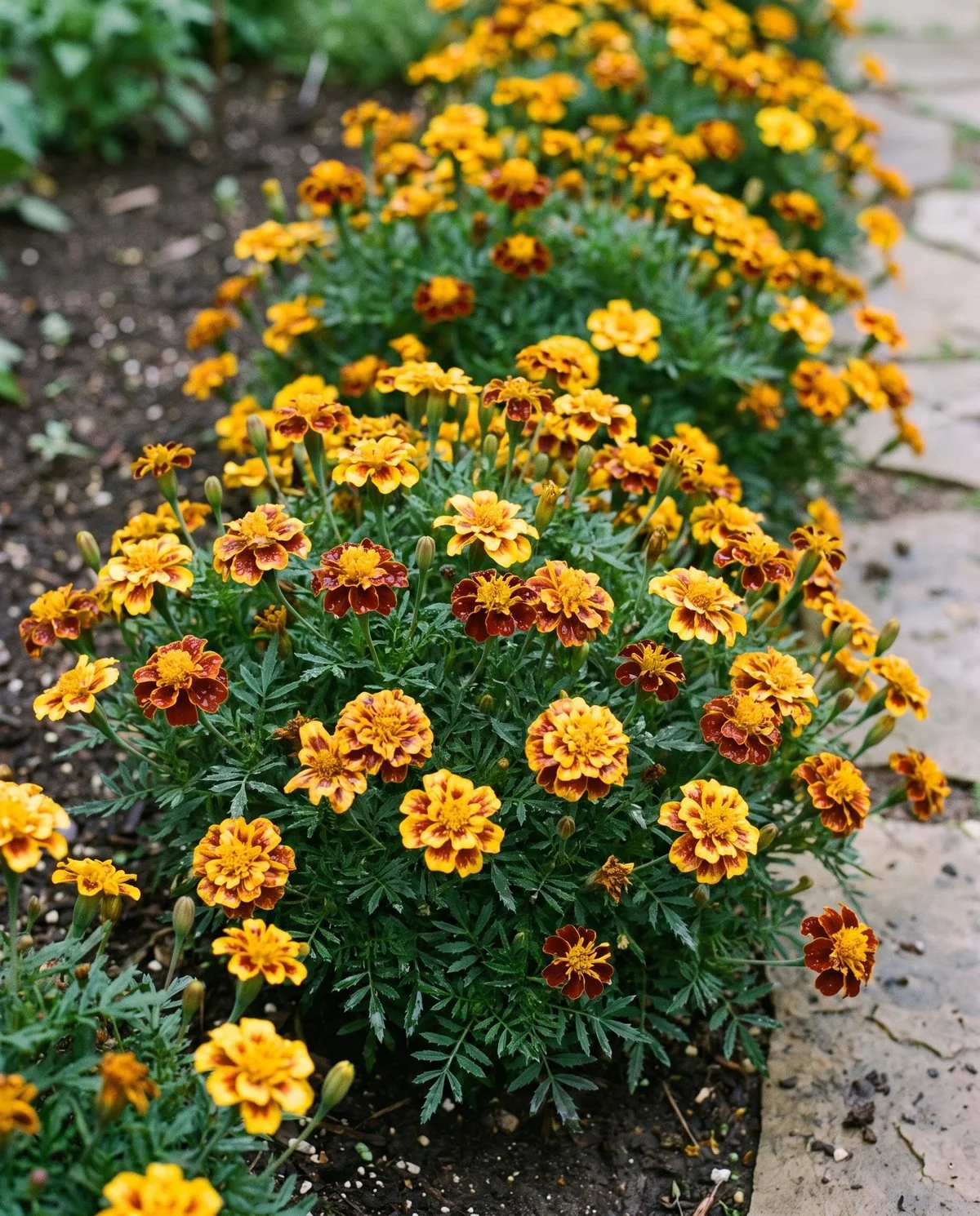 Short bushy French marigolds edging a bed, small two-tone gold and mahogany flowers over fine dark foliage